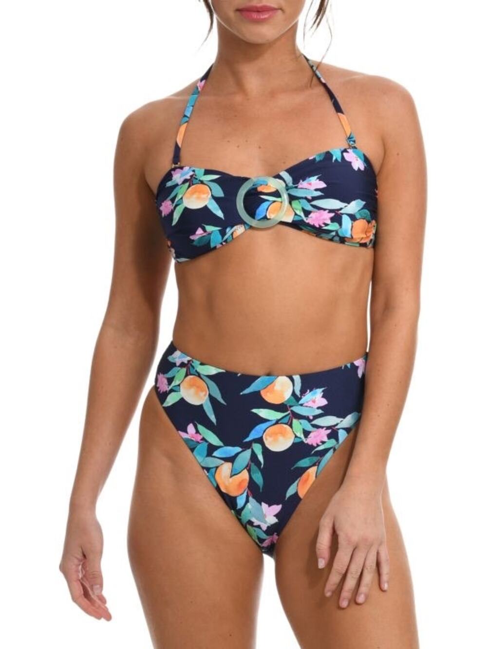 La Blanca Sunshine Navy Peach Halter Fruit Floral 2 Piece Bikini Swimsuit Set 8
